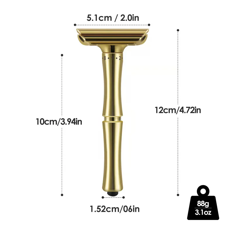 Golden Adjustable Double Edge Classic Safety Razor  Press to Open Blade Replacing System （1 Razor & 10 Blades）