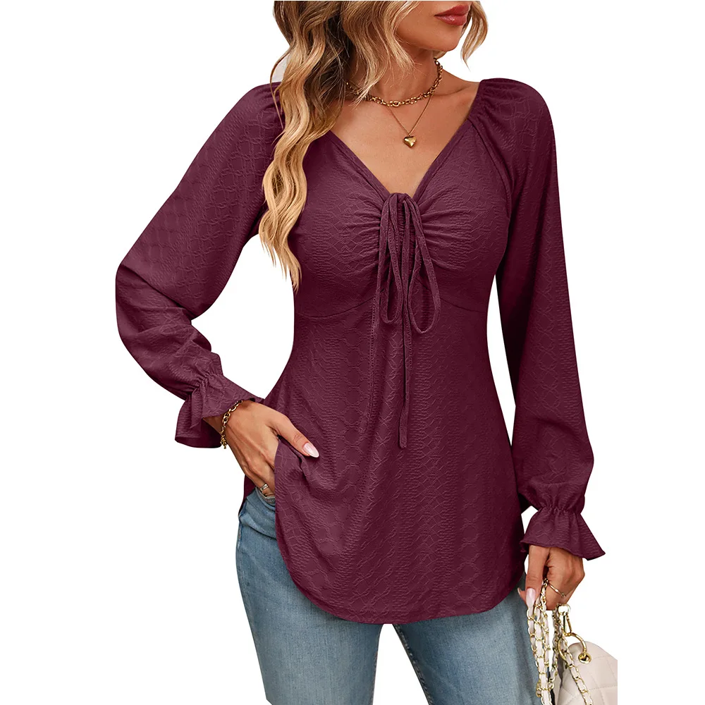 Spring Summer Women Long Sleeve Tops Female V-neck Drawstring Waist Long Sleeved Solid Color T-shirt Women's Top With Sleeves