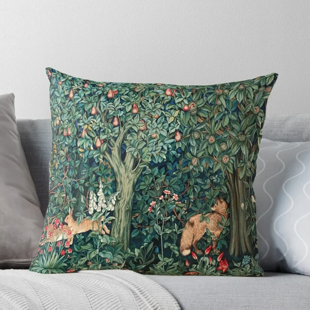 GREENERY, FOREST ANIMALS Fox and Hares Blue Green Floral Tapestry Throw Pillow Pillowcase Sofa Cover Pillow