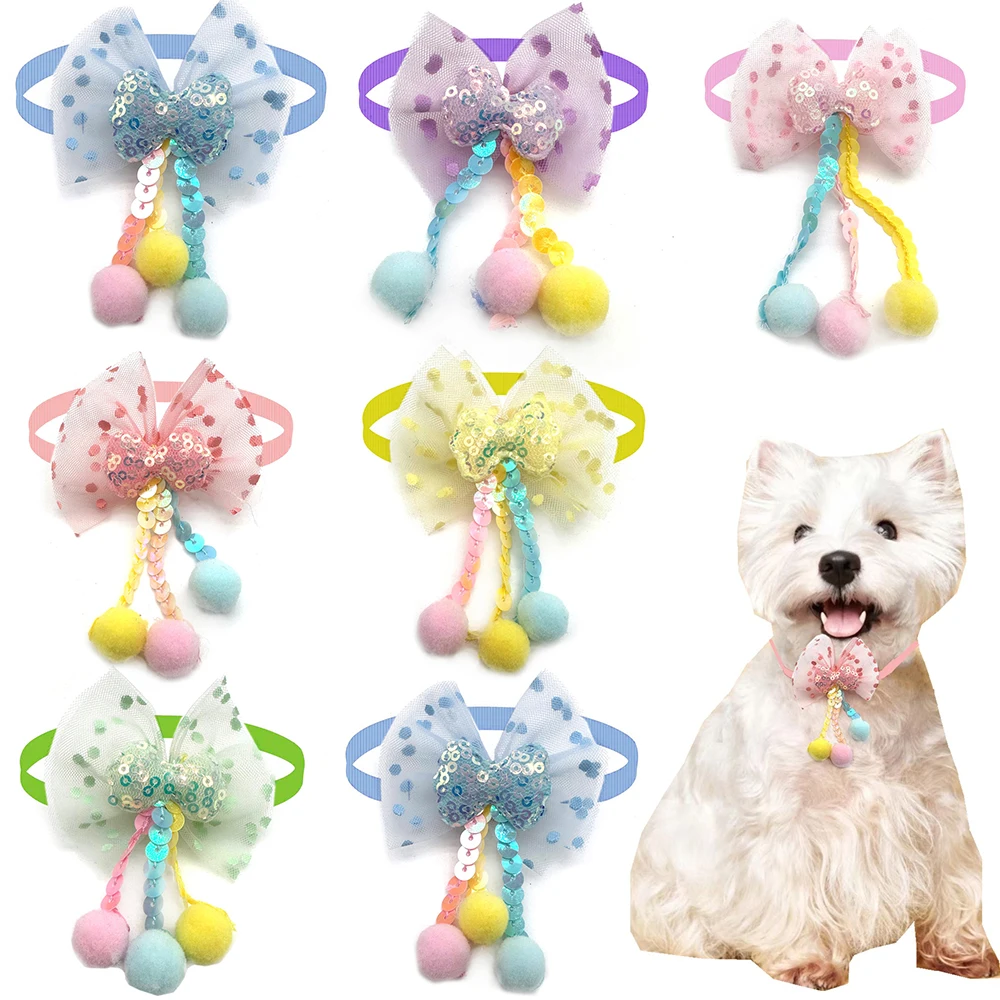 50pcs New Cute Tassel Sequin Style Puppy Dog Cat Collar Pets Dog Accessories Small Dog Bow Ties Necktie Grooming Supplies