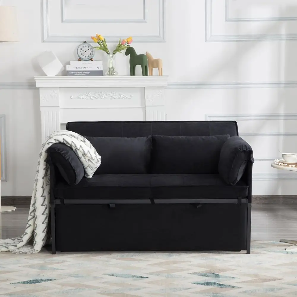 أريكة سرير مخملية مدمجة للمساحات الصغيرة: أريكة نوم قابلة للتحويل بمقعدين باللون الأسود #4