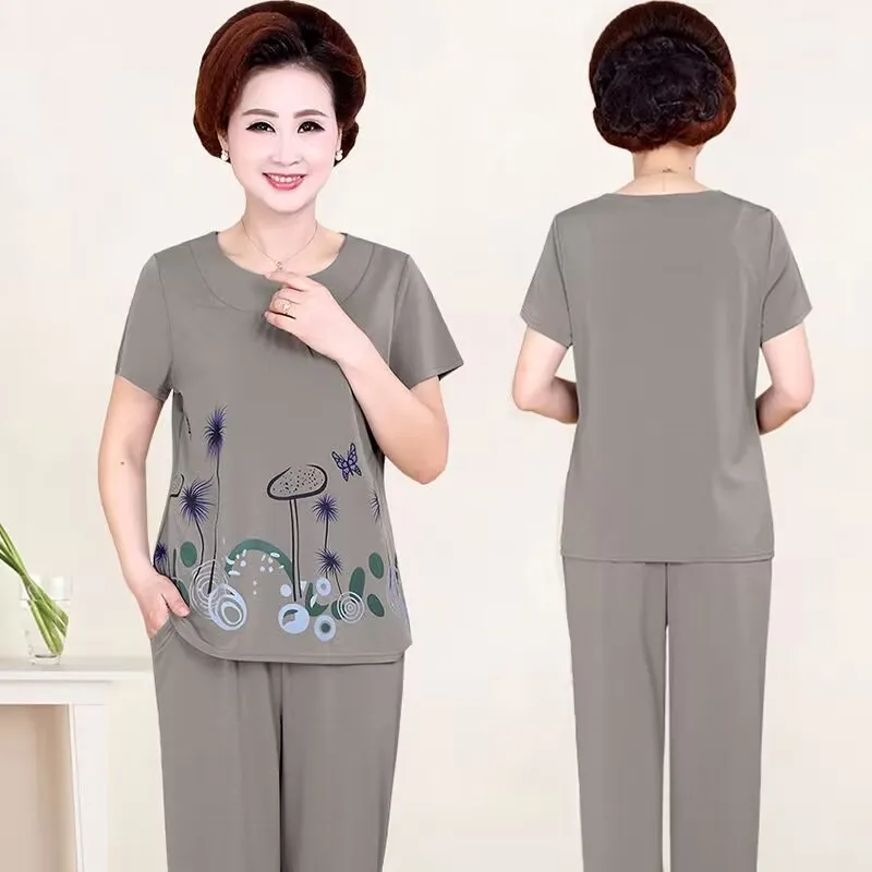 

Women 2 Piece Set New Loose Print Short-sleeved T-shirt Tops + Pants Middle-aged Mother Summer Suit 4XL W850