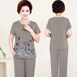 Women 2 Piece Set New Loose Print Short-sleeved T-shirt Tops + Pants Middle-aged Mother Summer Suit 4XL W850