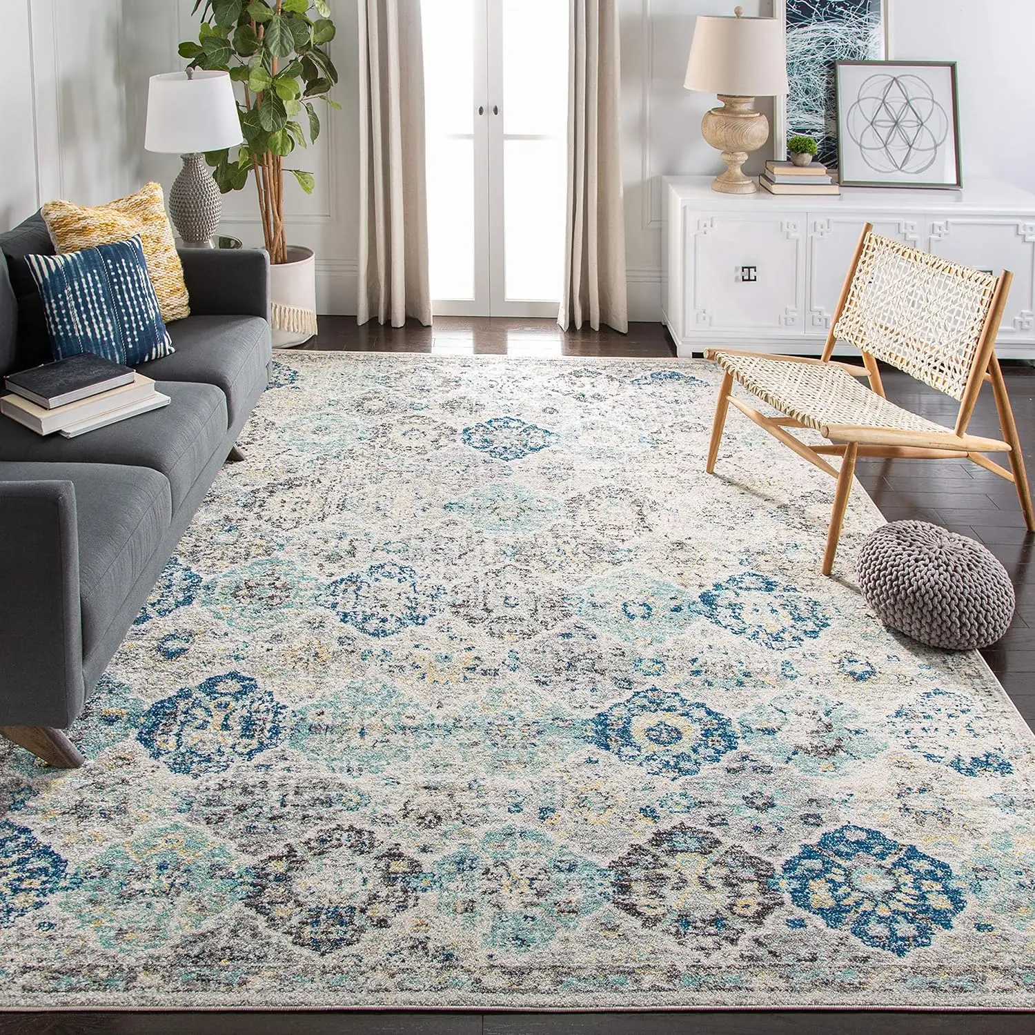 

Area Rug - 8' x 10', Ivory & Aqua, Boho Chic Distressed Design, Non-Shedding & Easy Care, Ideal for High Traffic Areas in Living