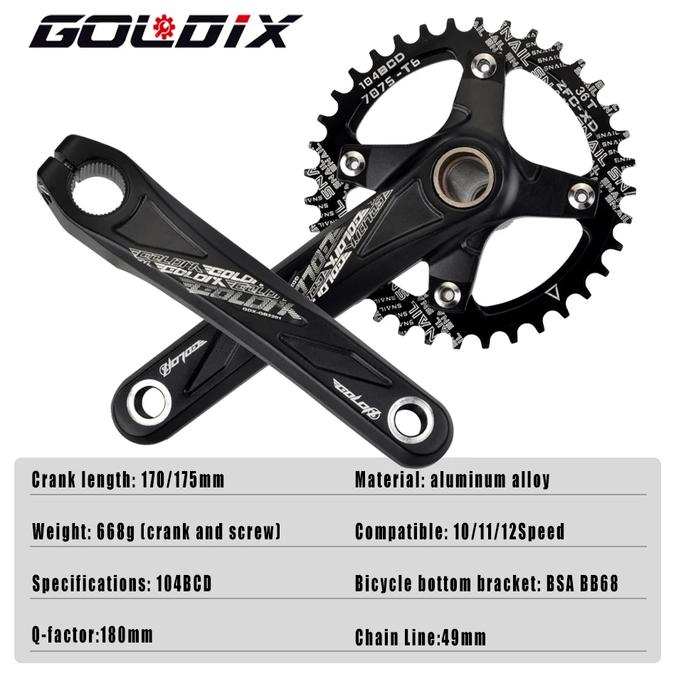 GOLDIX Bicycle Crankset Wide and Narrow Teeth 32/34/36/38/40/42T 104BCD Chainring 170/175mm Length Forging Aluminum Alloy Crank