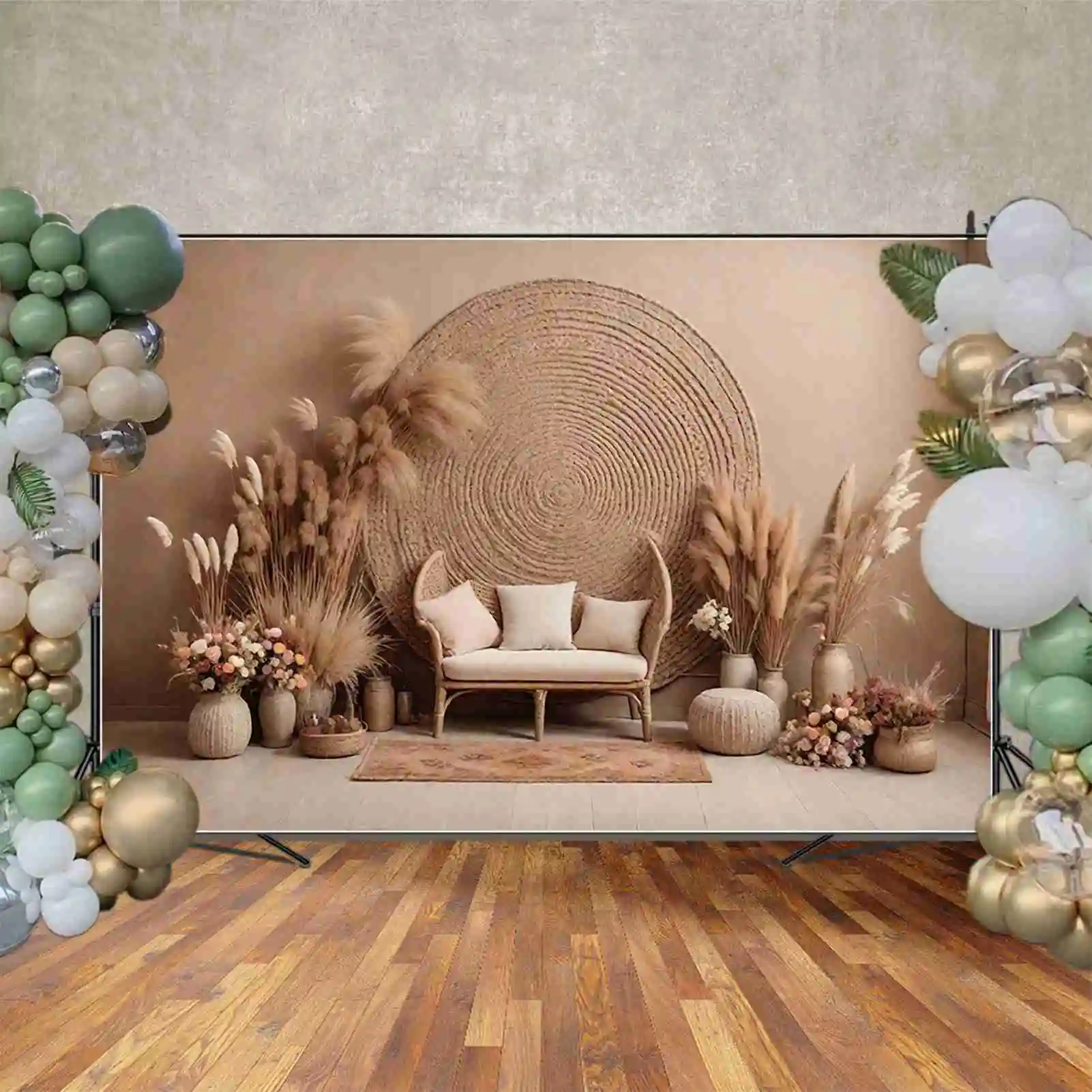 Mond. qg Böhmen Wand Hochzeit Hintergrund Mädchen Blumen trockenes Gras Vintage Hintergründe benutzer definierte Party Dekoration Photo zon Requisiten