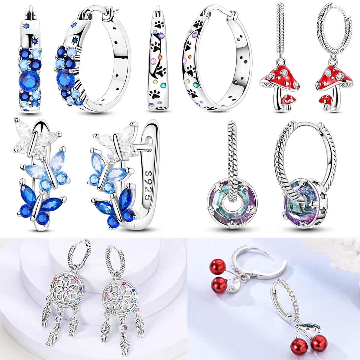 Pendientes de Mariposa con Circonita Azul para Mujer, Plata de Ley 925, Aros con Circonitas Brillantes, Pendientes Huecos, Regalo de Aniversario de Bodas