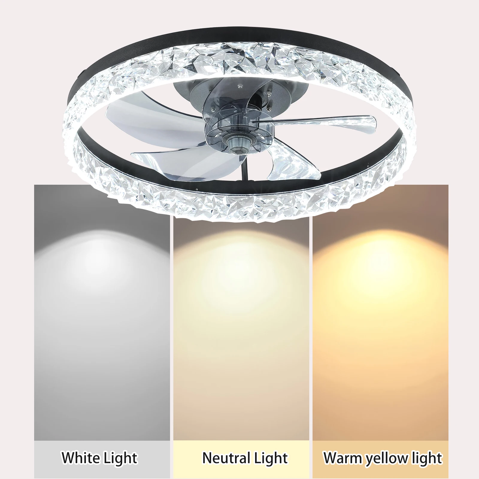 Modern acrylic black ceiling fan light with remote control, dimmable LED pendant light, 6-speed adjustable, silent motor