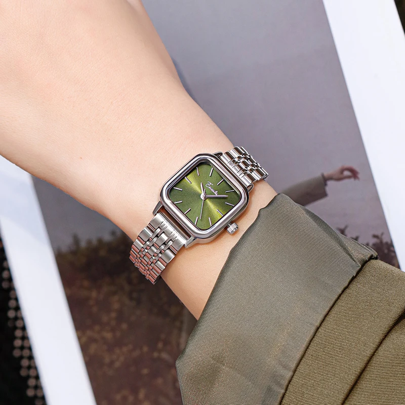 Square Green Watch Waterproof Fashion Minimalism Stainless Steel Band Quartz Student Wristwatch Beautiful Female Clock