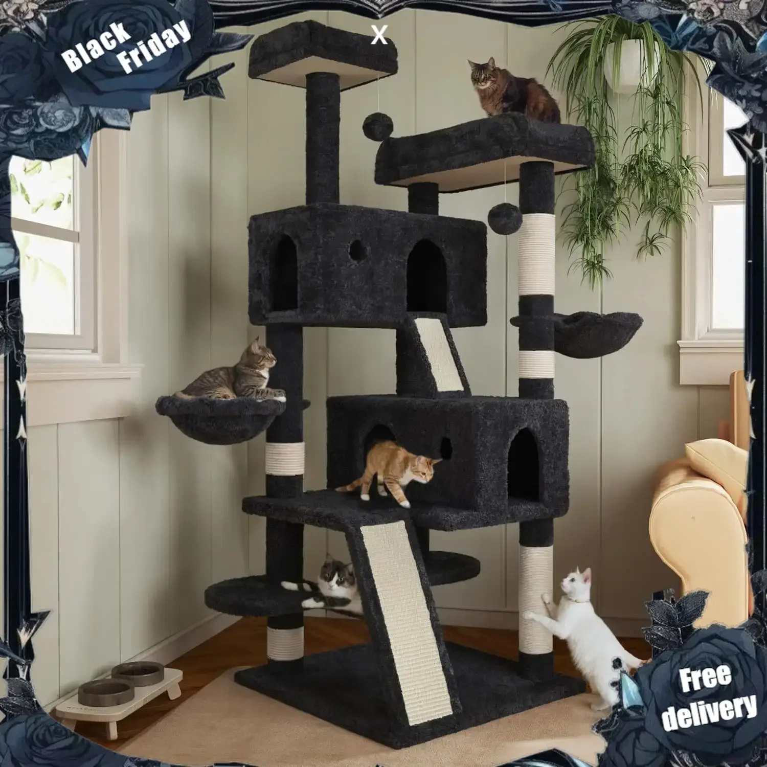 

66 Inches Multi-Level Large Cat Tree Tower for Indoor Big Cats/Cozy Plush Perches/Cat Condo/Sisal Scratching Posts/Hammock