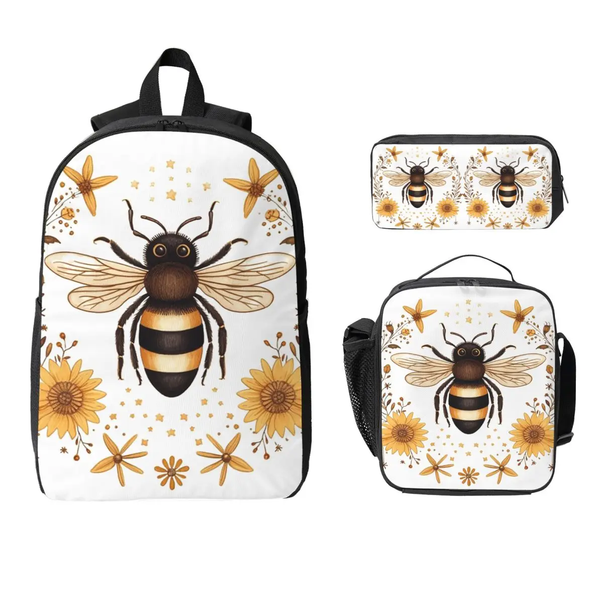 Honey Moon - Bee And Floral Design Backpack Student BookBag School Bag Laptop Shoulder Bags 3ps Insulated Lunch Bag Pencil Case