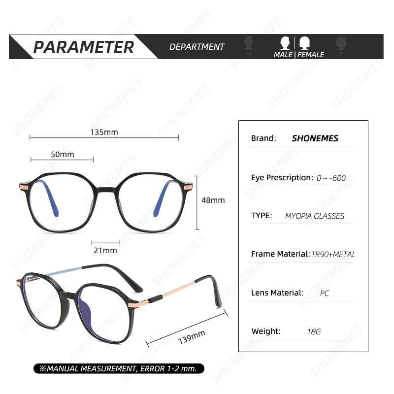 SHONEMES Polygonal Myopia Glasses Stylish Shortsighted Eyewear Anti Blue Light Myopic Eyeglasses Diopters -1 1.5 2 3 4 5 5.5 6