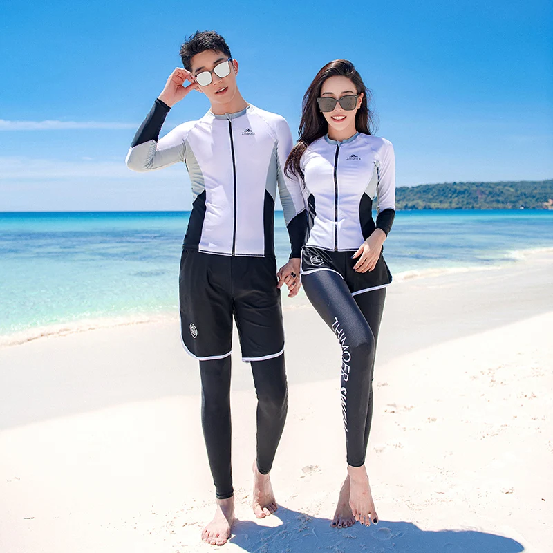 Rash Guards Men Women Matching Couples Swimsuit Long Sleeve 5pcs Muslim Surfing Suit Sunsuit Zip Outfits Sun Protection Diving