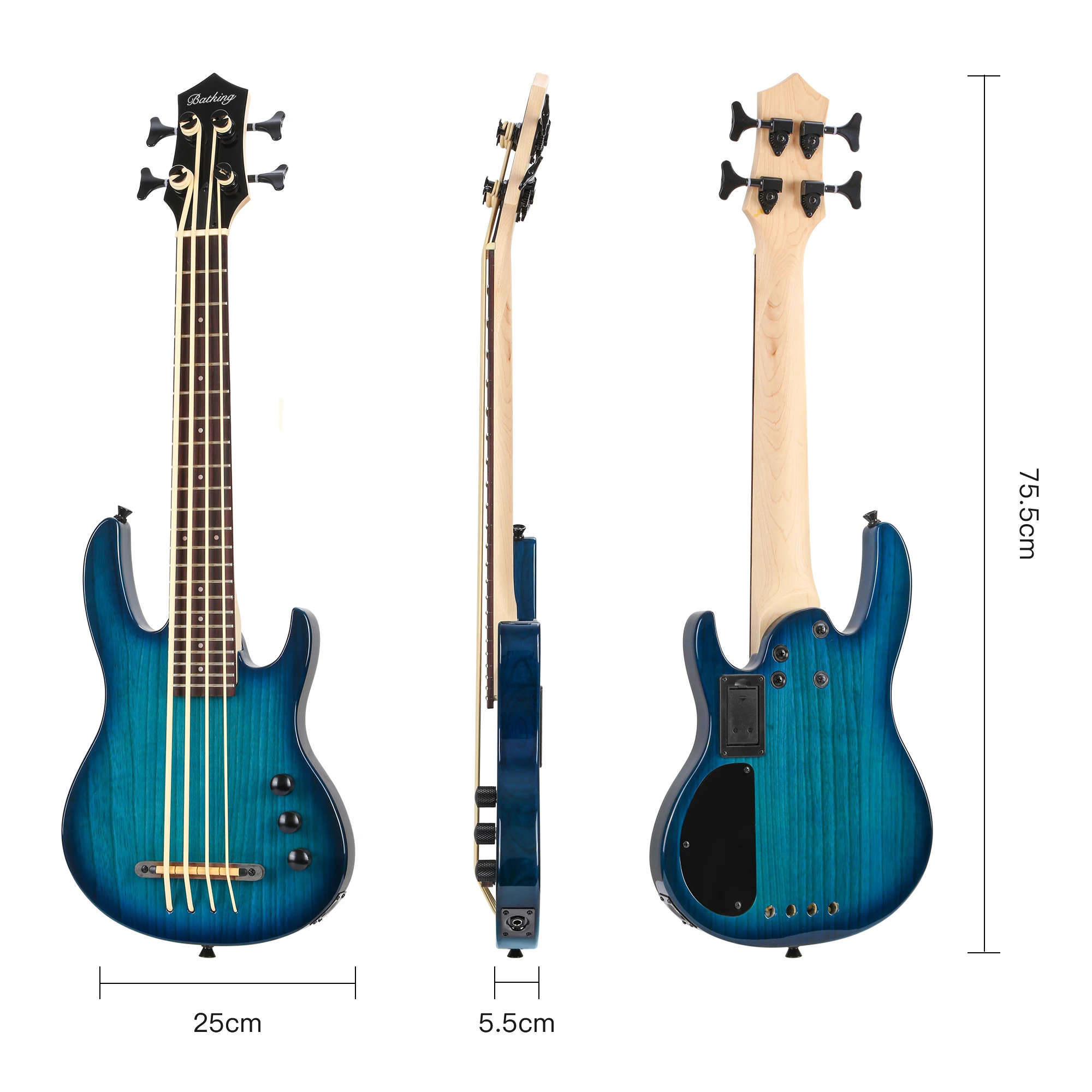 Batking Uku bass Fretted 4 String Electric Ukulele Bass, Through Neck Ukelele Bass with Gig bag.