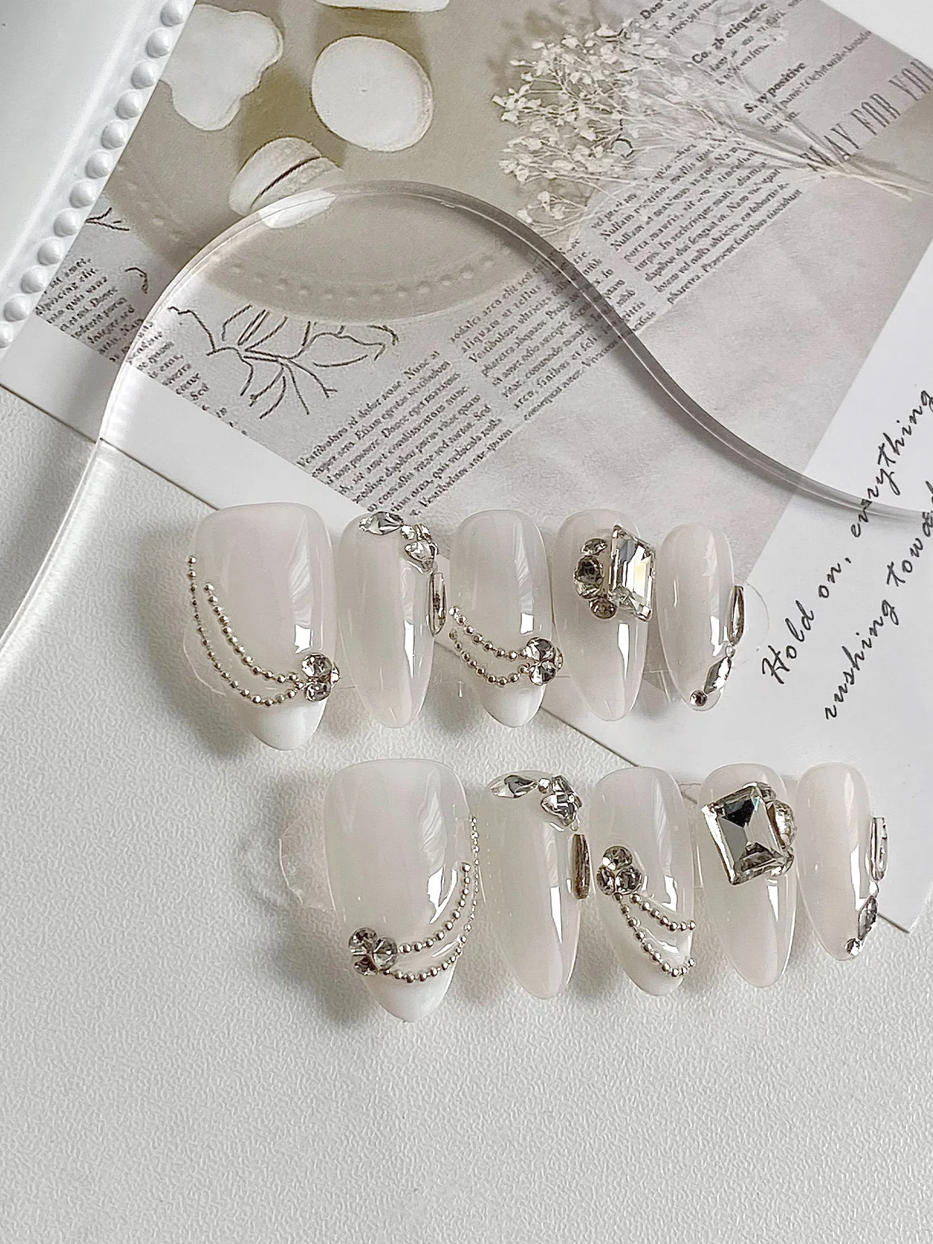 Elegant Milky White Press On Nails, Handcrafted Almond Fake Nails, Large Rhinestone, Silver Bead Chain, Sparkly Crystal Accents