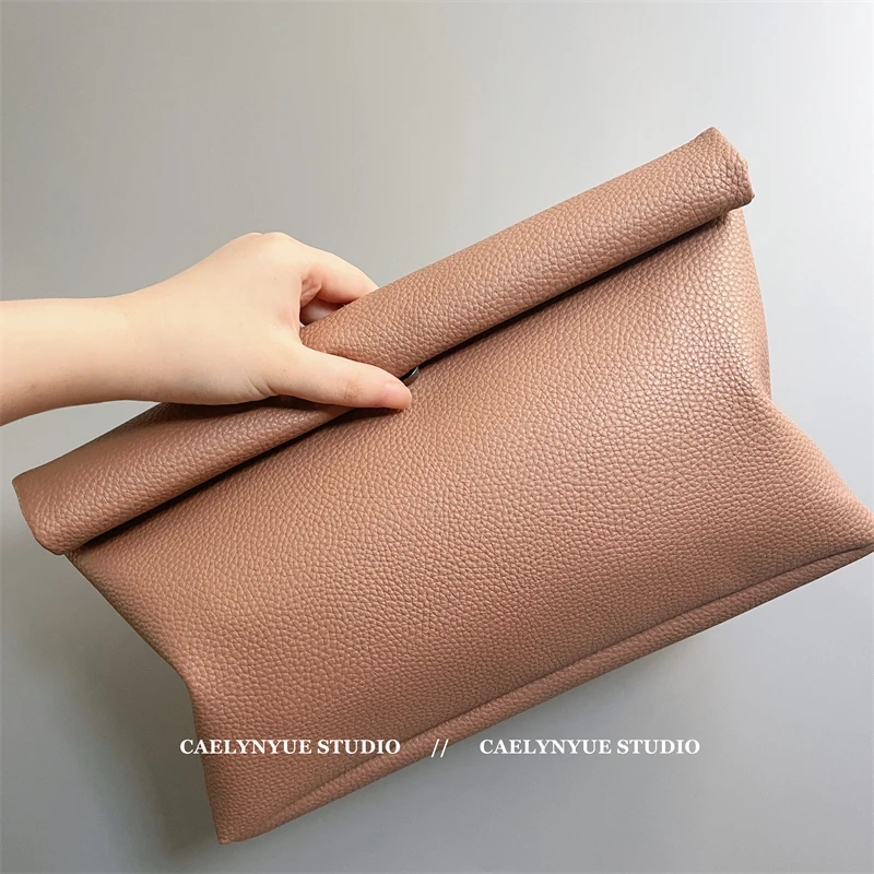 Orange Simple Soft PU Leather Rolled Edge Clutch Bag Women Handbag Retro Casual Makeup Women Bag Cip Bag