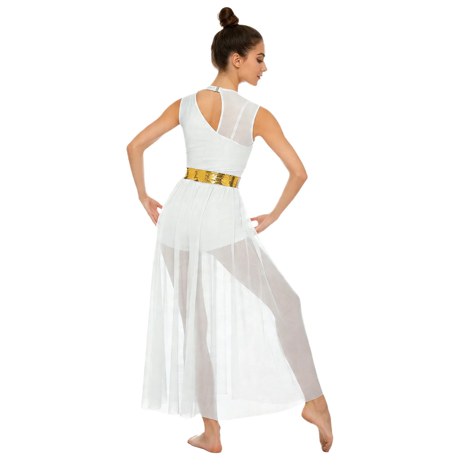 

Женский современный балетный костюм для лирического и хореографического танца, без рукавов, металлический блестящий, с разрезом, из прозрачной сетки, танцевальное платье