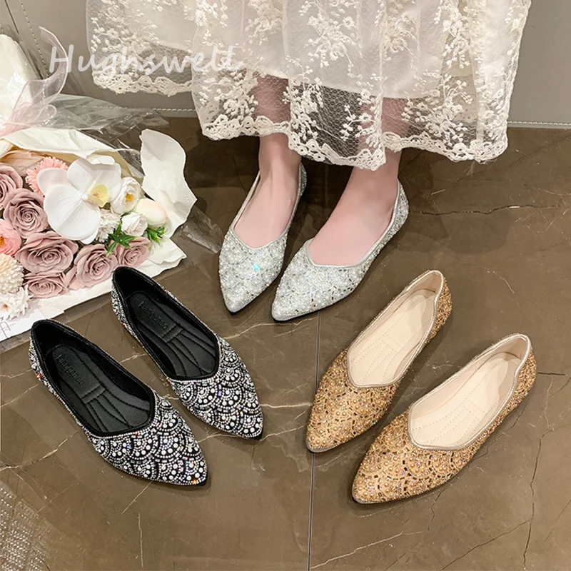 

Luxury Rhinestone Pearls Covered Ballet Flats Woman Elegant Crystal Shallow Loafers Ladies Bling Slip-on Dress Shoes Gold Silver