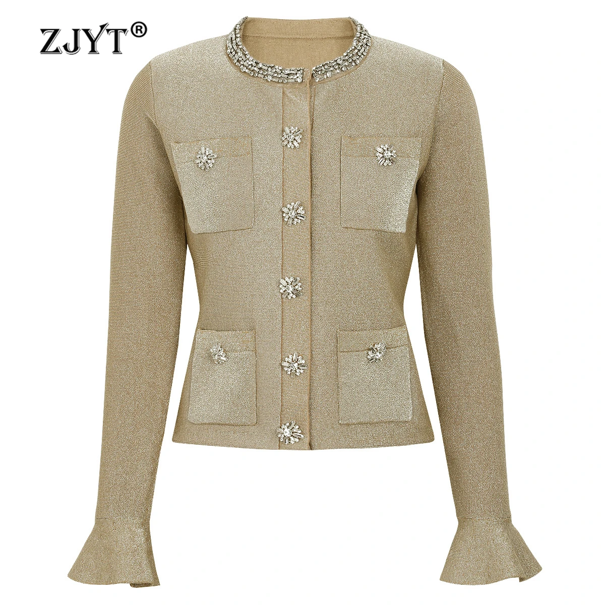 

ZJYT High Quality Knitwear Women's Elegant Flare Sleeve Knit Tops Lady Sweater with Rinestone Luxury Fashion Jersey Mujer Jumper