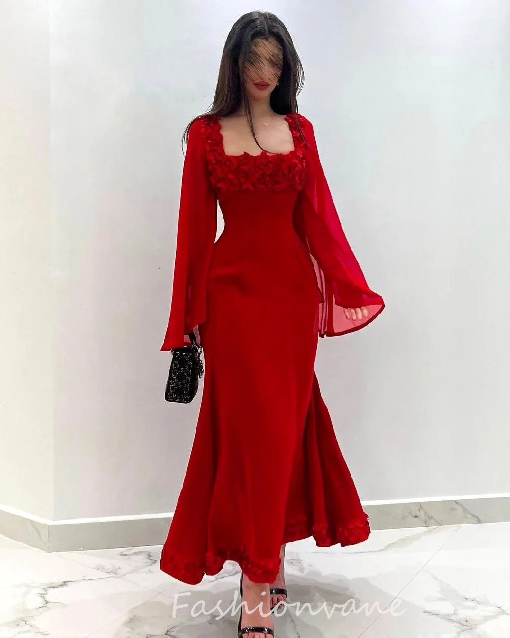 

Fashionvane Simple Wine Red Chiffon Mermaid Evening Dress Formal Occasion Gown Ruffled Prom Dress Evening Gowns 2024 Tea Length