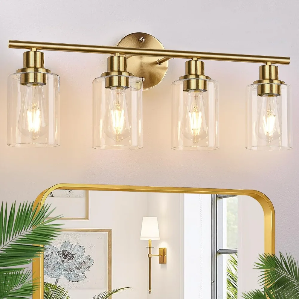 Brushed Gold Modern Vanity Light with Clear Glass Shade 4-Light Bathroom Wall Lamp for Mirror