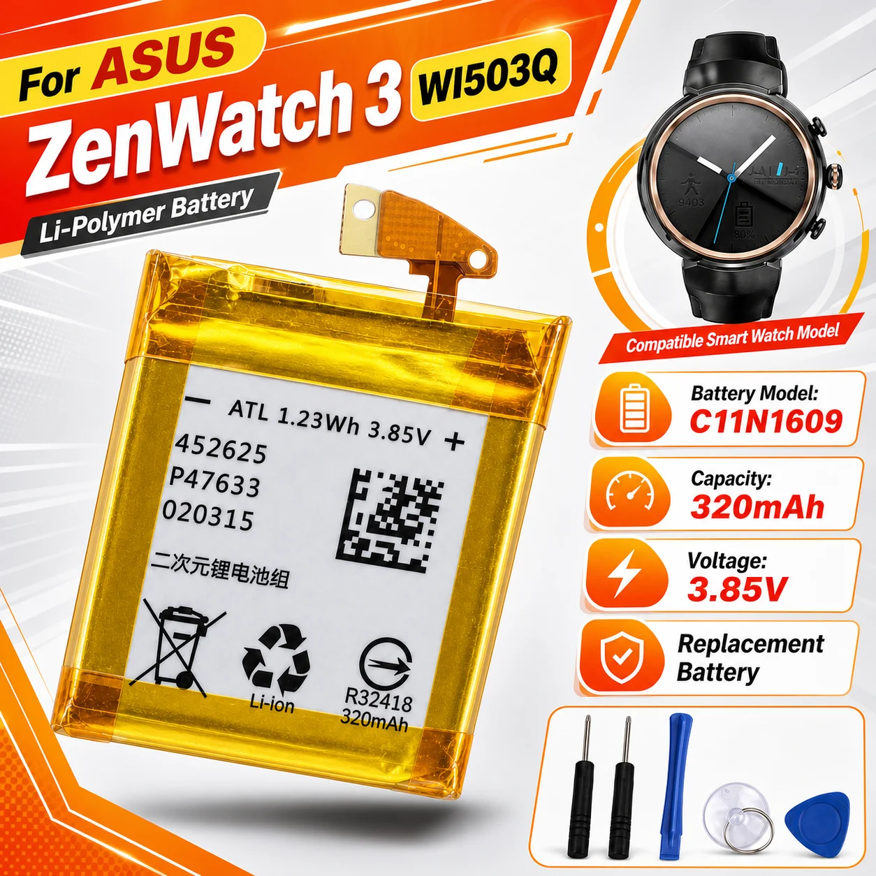 Smart Watch Replacement Battery C11N1609 340mAh Rechargeable Cell For ASUS ZenWatch 3 WI503Q With Tool Kit