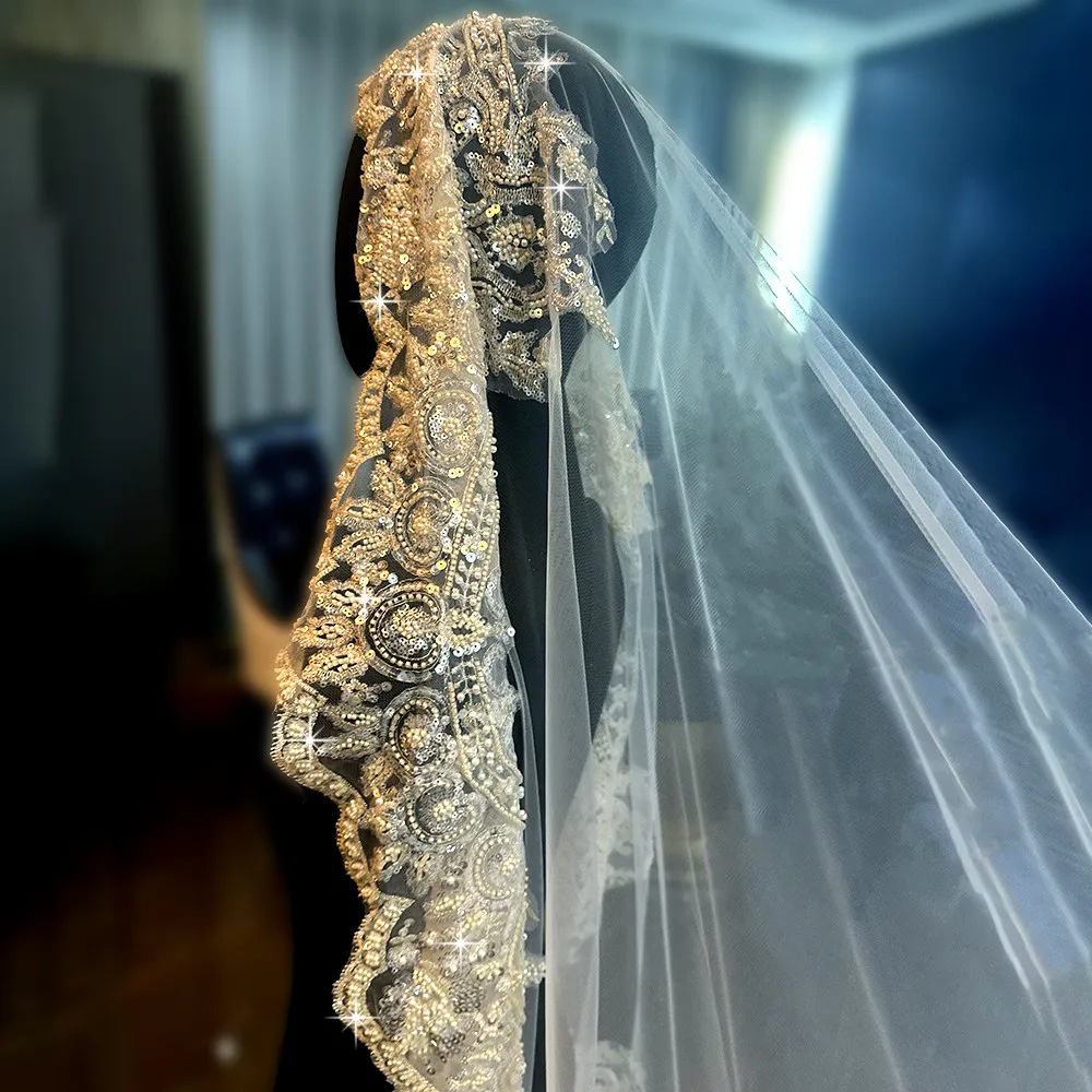 Luxury Wedding Veil 3*3m/4m/5m Long Bridal Veils Sparkling Beading Applique with Sequins High Quality Bridal Veil with Comb