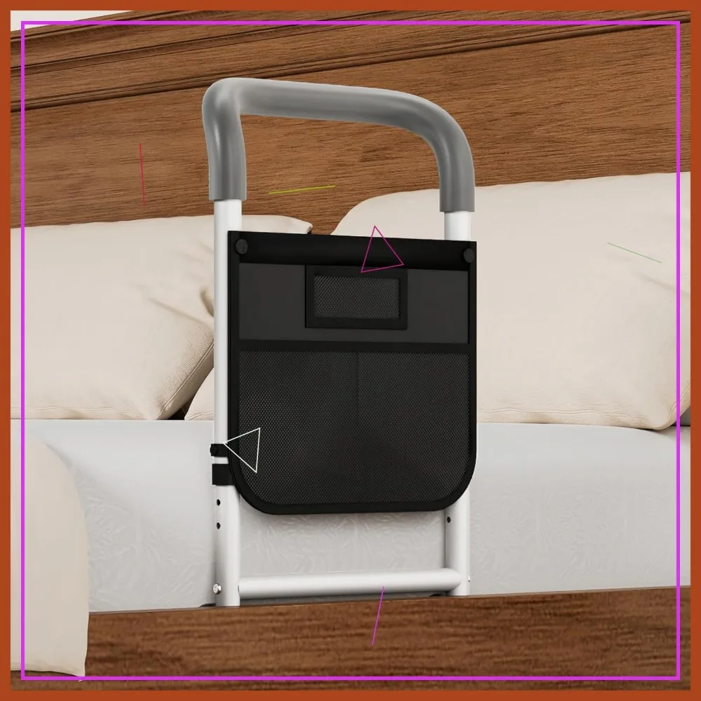 Adjustable Bed Safety Rail for Seniors, Heavy Duty 350lbs Support with Storage Pocket & Strap, Fits Standard Beds (Grey)