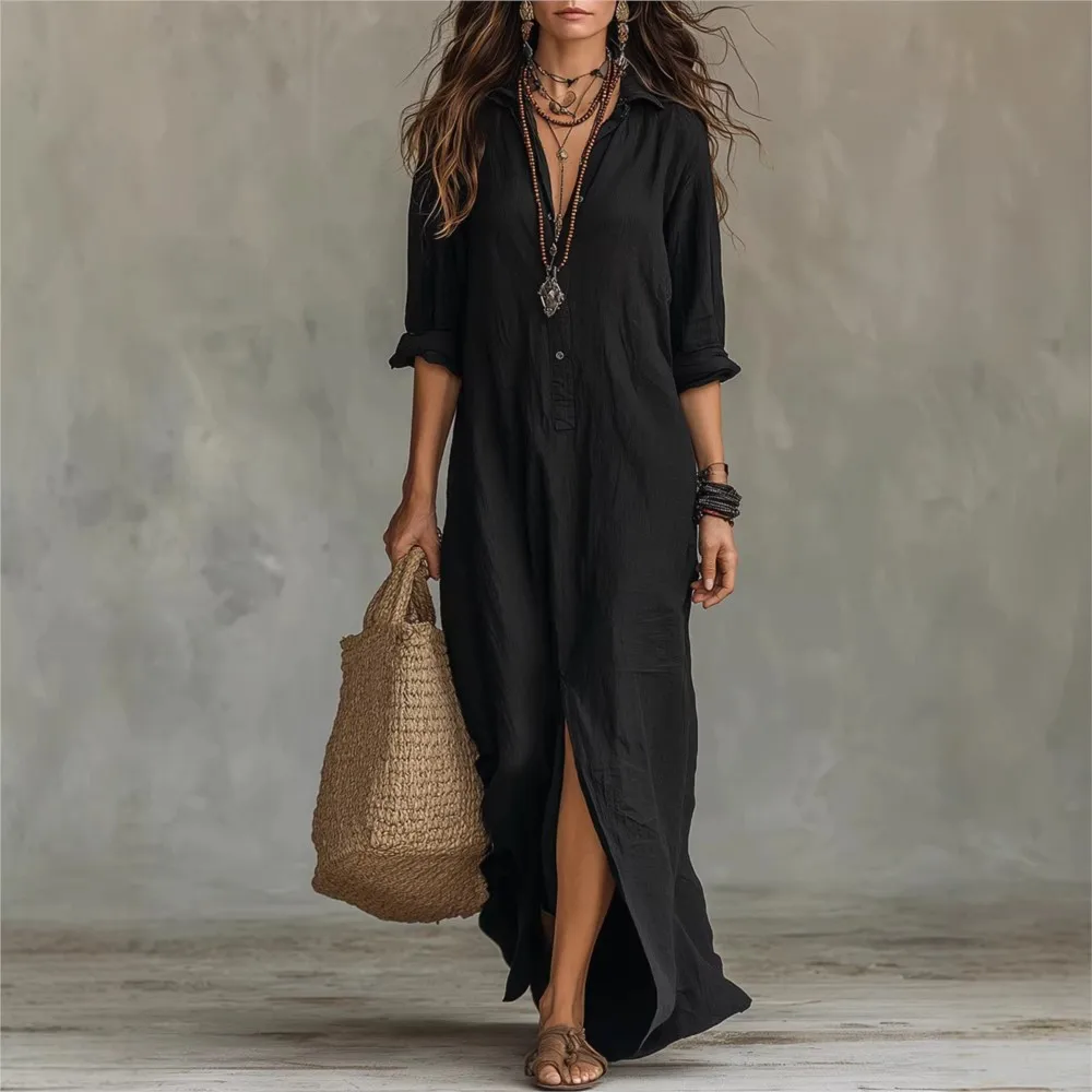 

Loose Casual Long Dress Summer Solid Color Holiday Beach Style Cotton Linen Lapel Single-breasted Long-sleeved Lapel Dresses