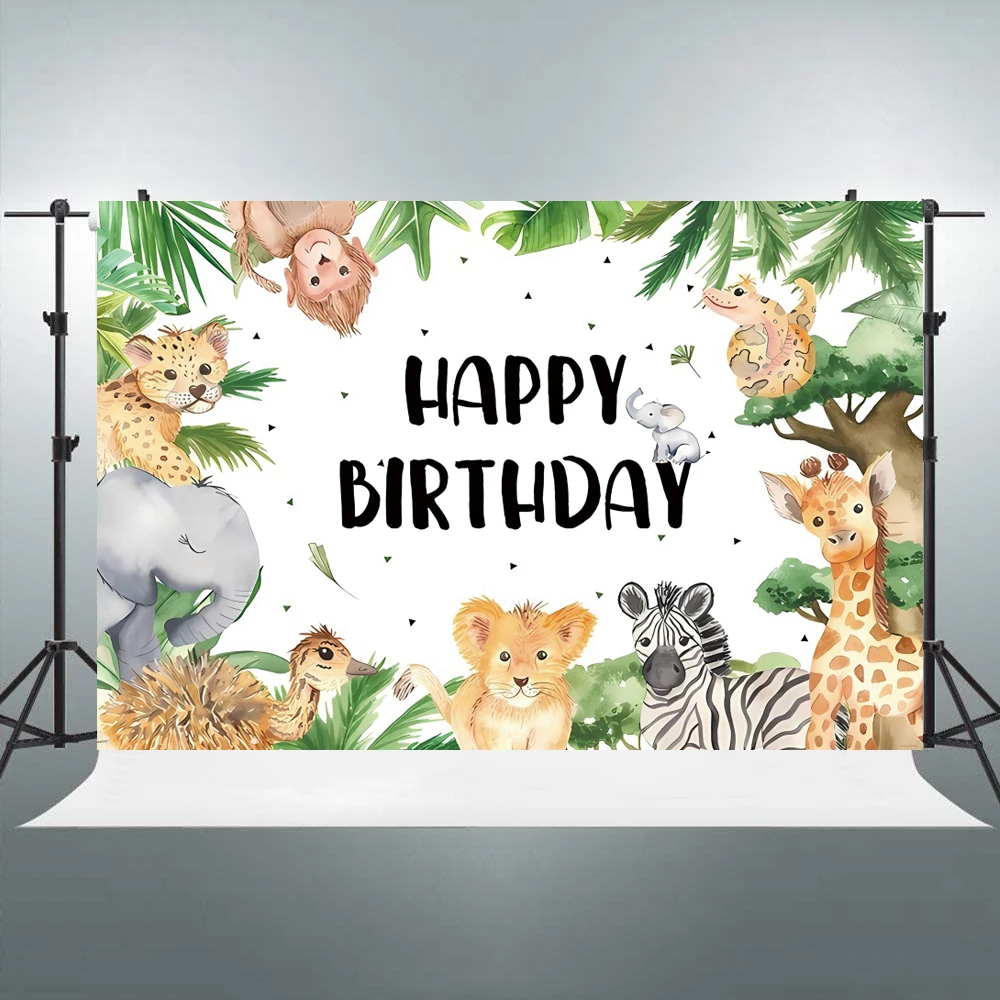 Laeacco Jungle Safari Animal Happy Birthday Photozone Backdrop Newborn Baby Shower Children Portrait Photography Background