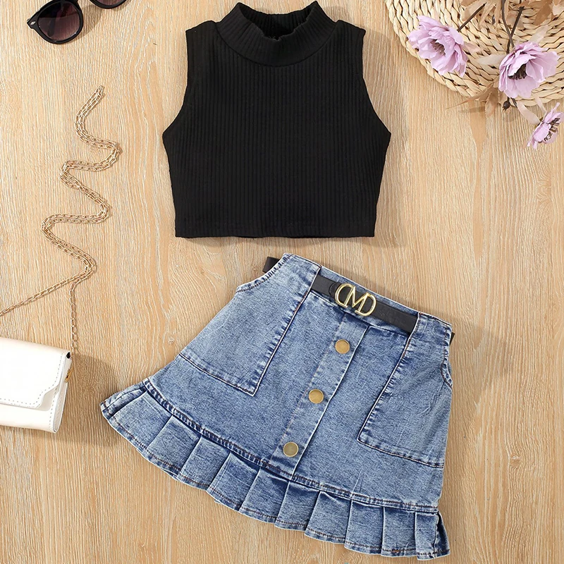 

3Piece Summer Toddler Girl Set Outfit Fashion Solid Sleeveless Black Tops+Denim Skirt+Straps Baby Clothes Kids Clothing BC1397-1