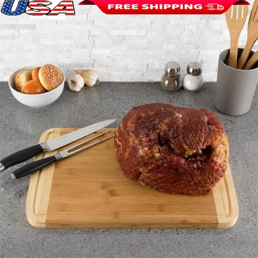 Tábua de corte de bambu de dois tons ecológica 18x12 com ranhura de suco extra grossa placa de preparação de cozinha antimicrobiana durável