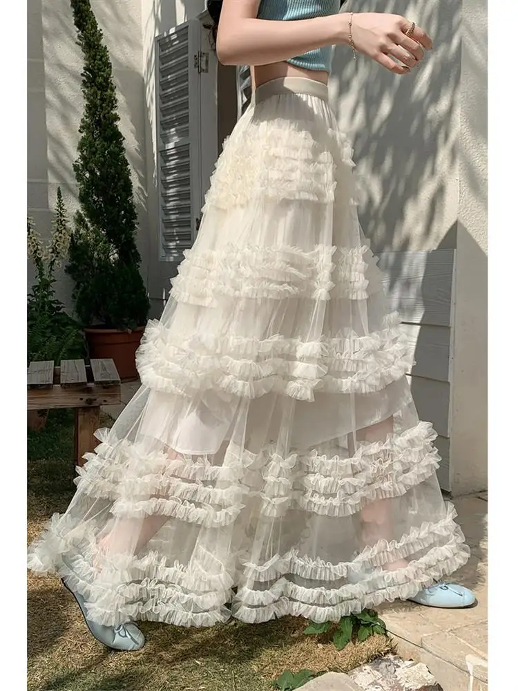 Spring New Heavyweight Ins Lace Trim Pleated Cake Skirt Wooden Ear Look Big Flounce Dragging Net Half Skirt High Waist A-Line