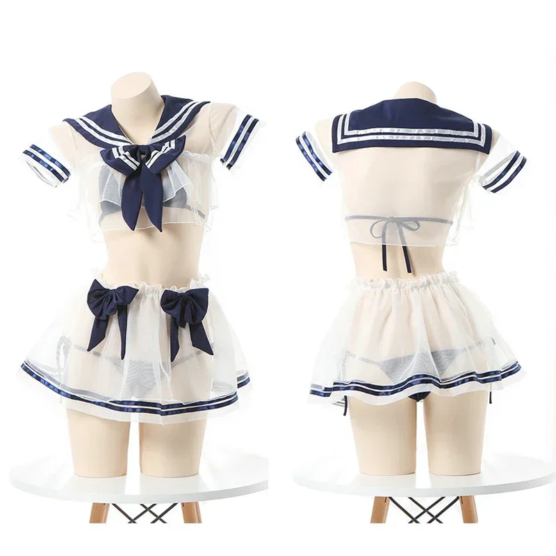 Anime JK uniforme Bikini Cosplay traje de baño mujeres Lolita Sexy Bowknot volante lencería transparente marinero escuela chica traje