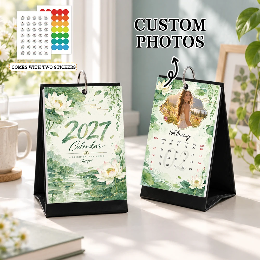 1pc 2027 Custom Photo Desk Calendar, Watercolor Lotus Table Calendar with Stickers, Birthday Christmas New Year Gift
