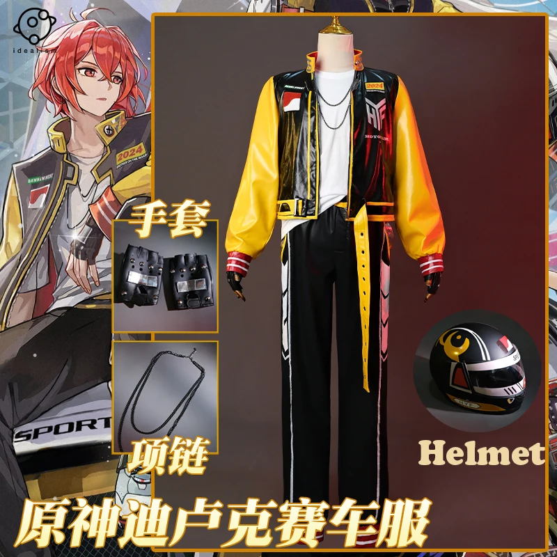 

Genshin Impact Cosplay Diluc Ragnvindr Cosplay Costume Game Diluc Racing Suit Pu Leather Men Halloween Roleplay Costumes Helmet