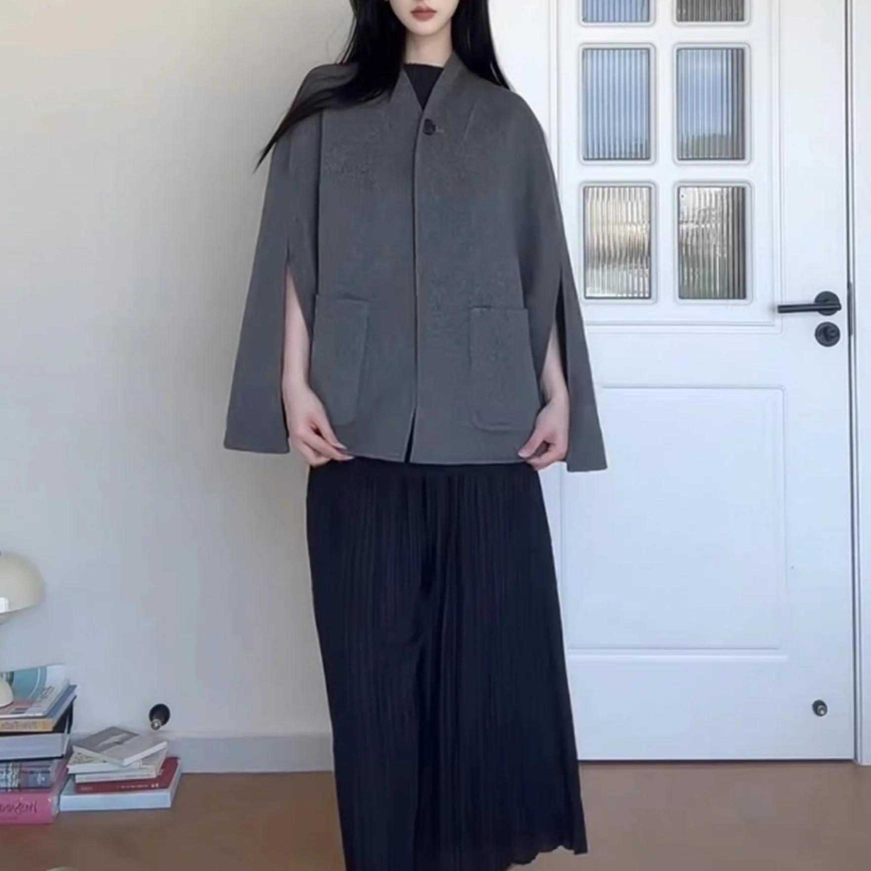 Maxdutti Nordic Minimalist Casual Women's Jacket Wool Blend Green Fruit Collar Cape Autumn New Woolen Coat Woman Clothes Tops