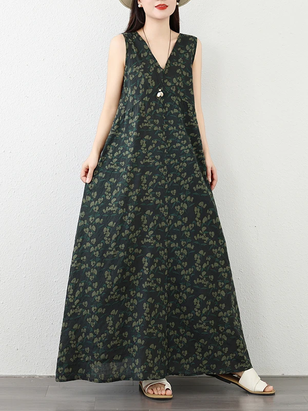 

Summer Thin Cotton Linen Floral V-Neck Minimalist Elegant Slimming Sleeveless Dress Long Skirt City Walk A-Line Skirt