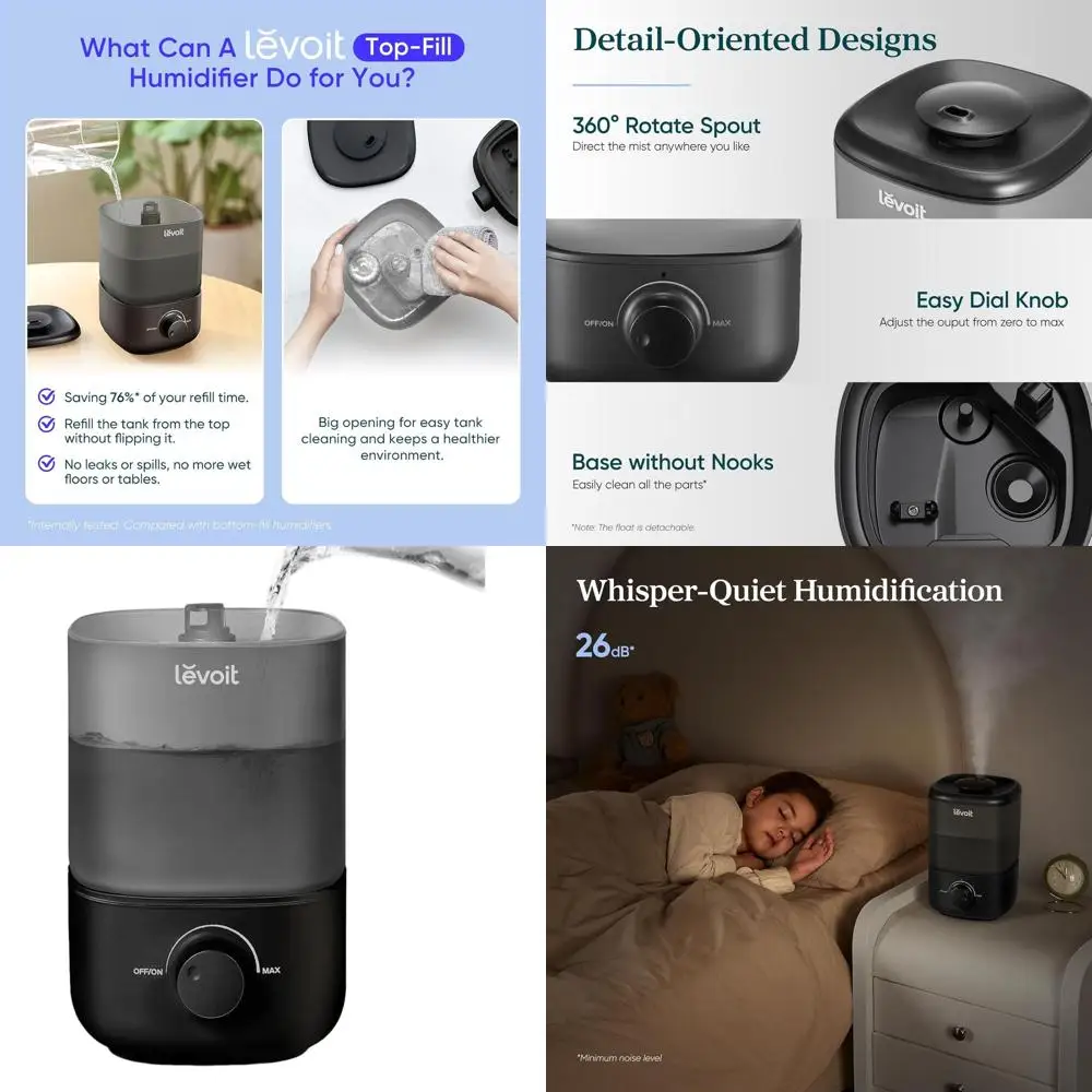 

Ультразвуковой увлажнитель с верхней заливкой, легкое наполнение и очистка, бесшумный для дома, детей и растений, автоматическое отключение, 360° ° Насадка, 2,5 л, черная