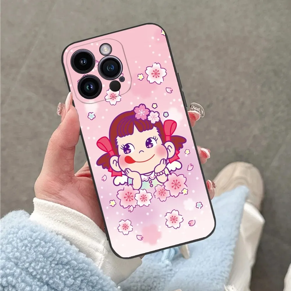 Fujiya Milky Peko-Chan Phone Case For iPhone 16,15,14,13,12,11,Plus,Pro Max,XS,X,XR,SE,Mini,8,7 Soft Silicone Black Cover