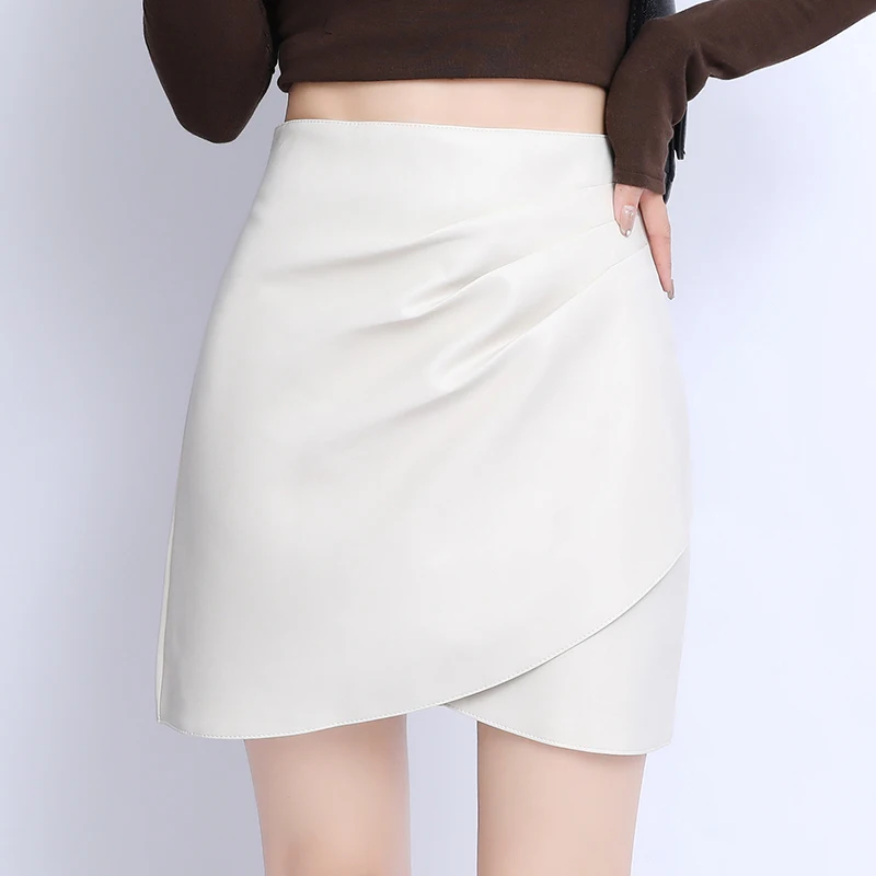 Irregular Pleated PU Leather Skirt Women Autumn Winter Sexy Ladies High Waisted Work Party Club Short Mini Skirt Bodycon