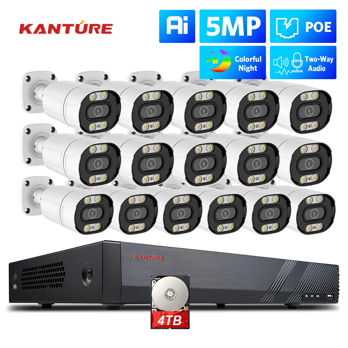 KANTURE 16CH 4K POE NVR 5MP Ai ludzkie wykrywanie zewnętrzny dwukierunkowy System Audio kolorowy kamera do monitoringu nocnego zestaw nadzoru wideo