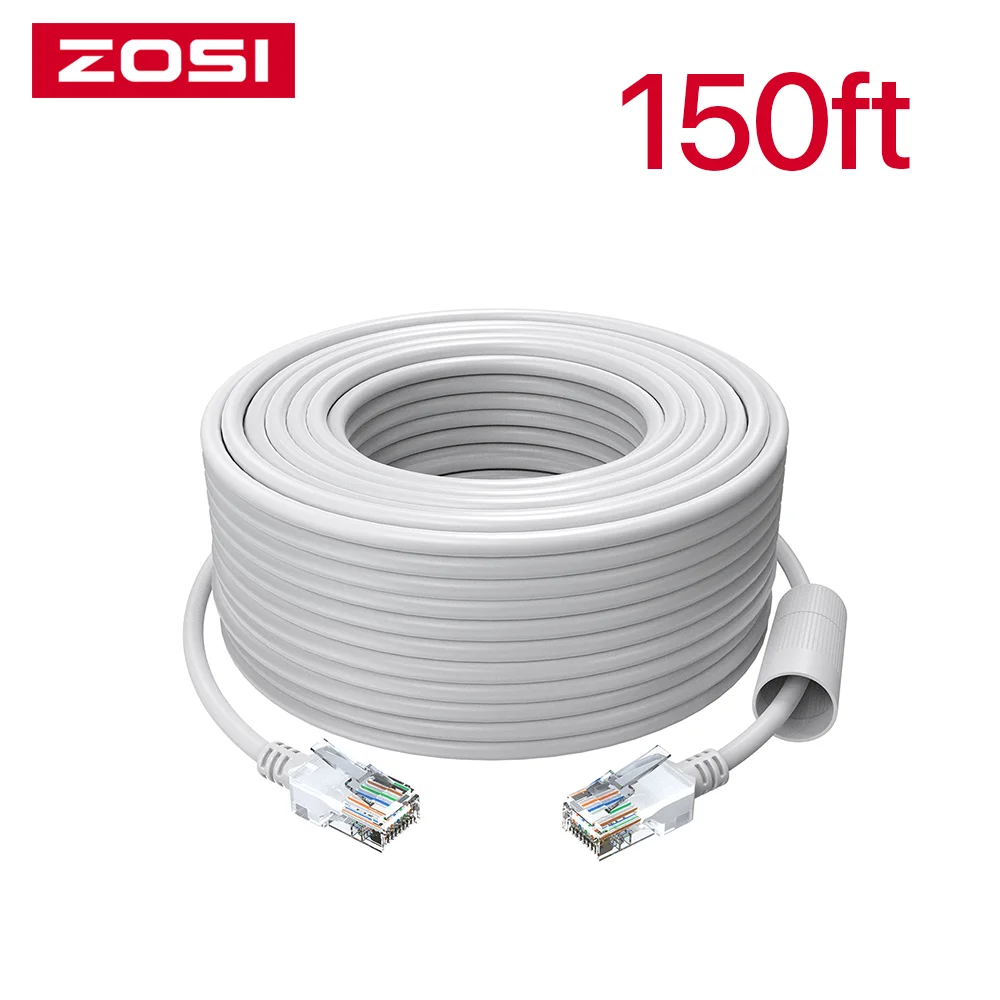 ZOSI Cat5e Ethernet Cable 65/100/150ft White High Speed Network RJ45 Wire Cord for POE Security Cameras System PoE Switch etc