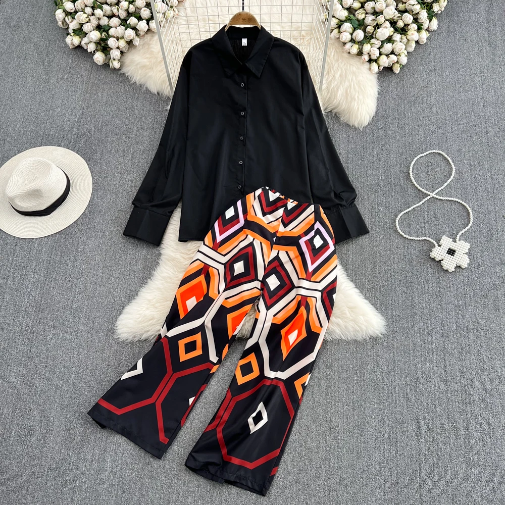 

Geometric Printed Short Sleeved Loose Fitting Shirt Top+high Waisted Straight Tube Style Wide Leg Pants Two Piece Sets Women