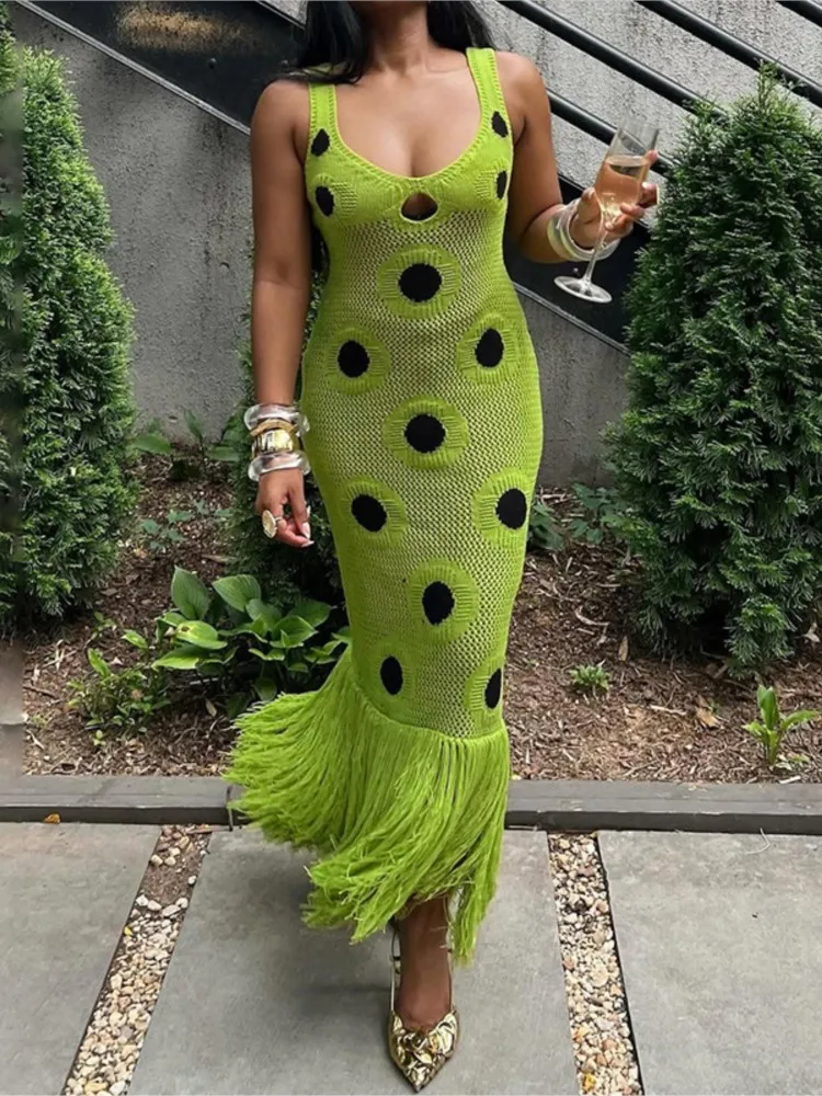 

Sexy Women Fishnet Cover Up Tassel Hollow Out Bodycon Maxi Dress Without Bikini Vacation Dress Beachwear 2025 Summer
