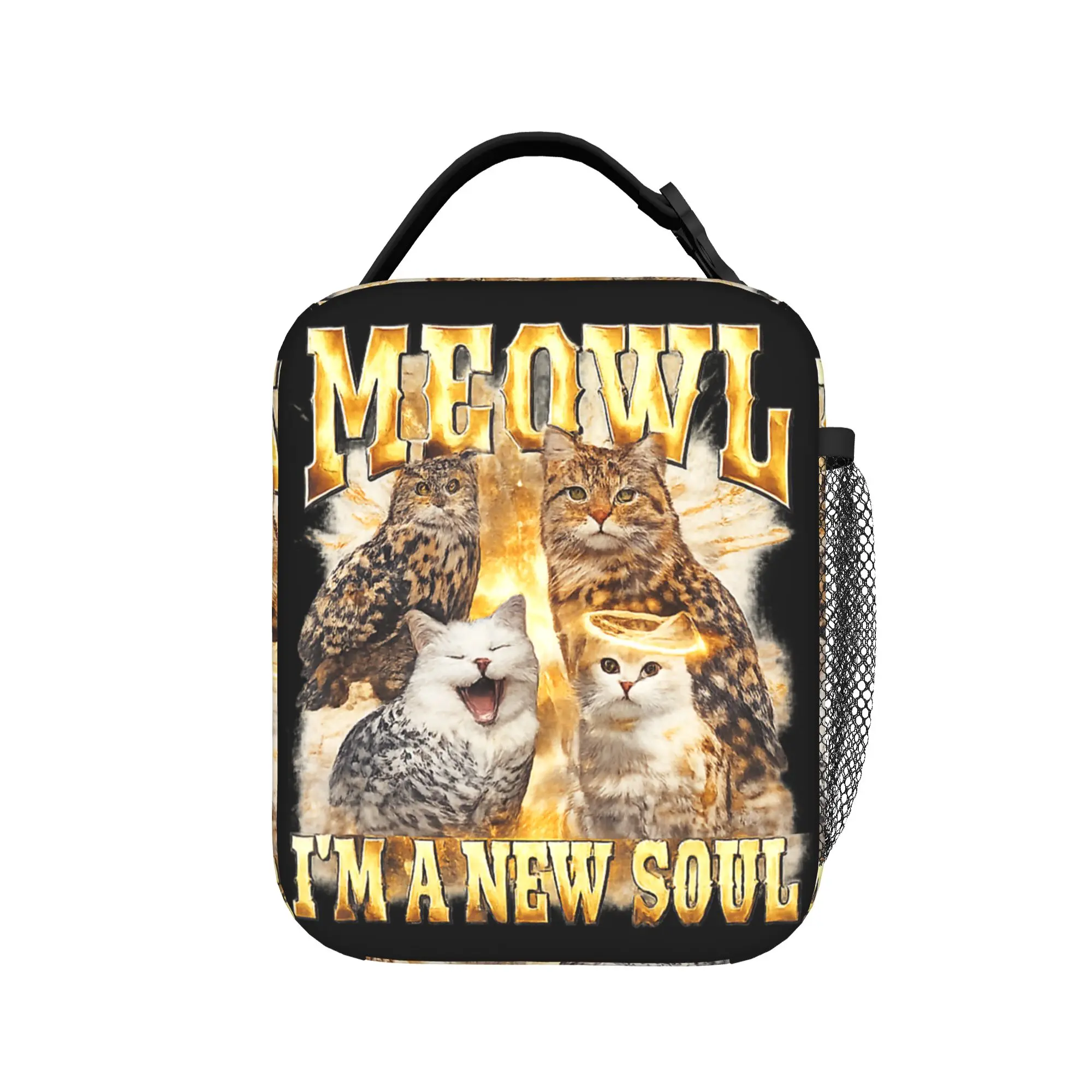 Meowl I'm A New Soul Funny Raunchy Cat Owl Meme Weird Joke Lunch Bag  Portable Lunch Box Women Cooler Bag Thermal Tote Handbags