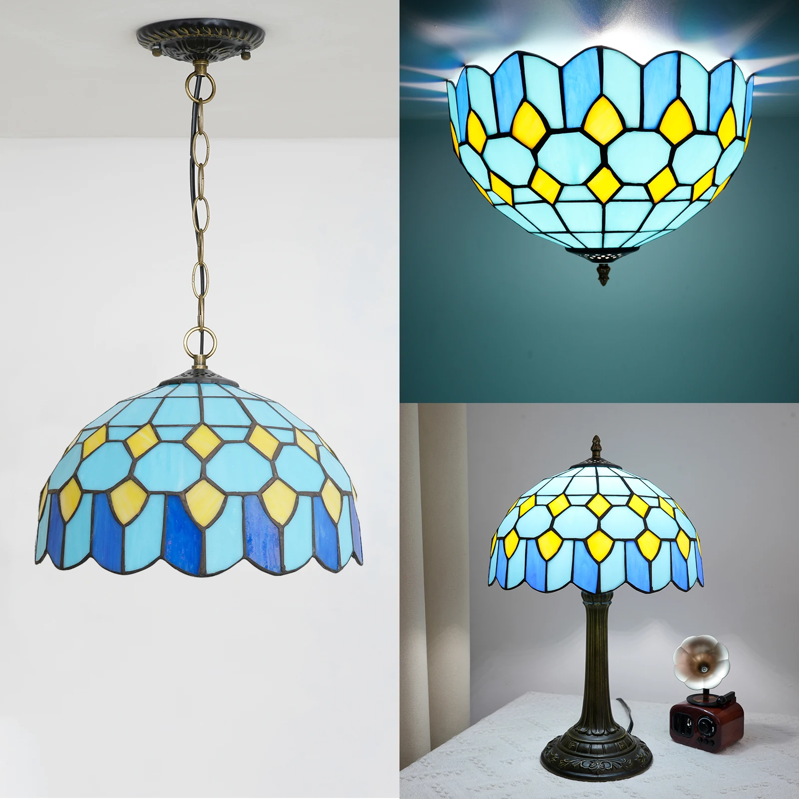 Baroque Lamp Shade Replacement Only,Tiffany Style Stained Glass Lampshade,Sky Blue Lampshades Accessories Fit for Pendant Lights