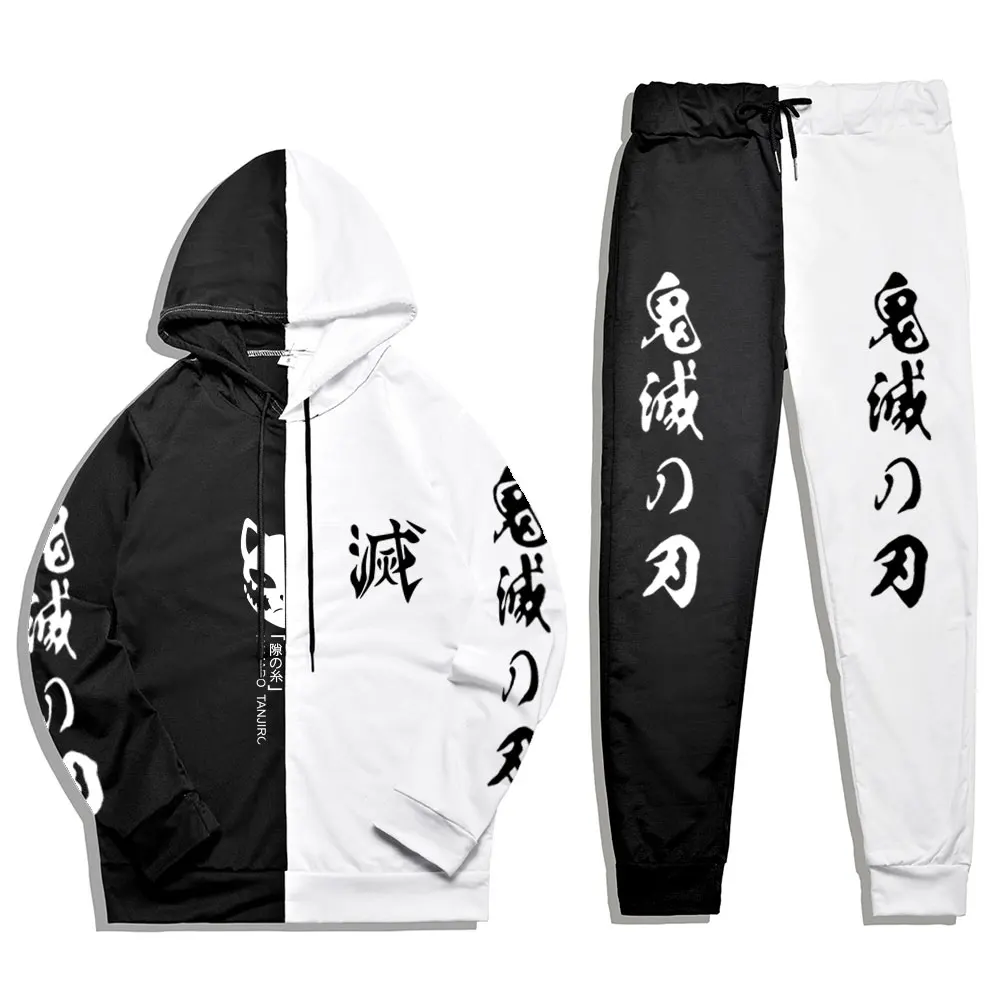 

Summer Men's 2 Pieces Sets Anime Harajuku Demon Slayer Tanjiro Print Patchwork Thin Hoodie+PatchworkPants Sweatshirt Fashion