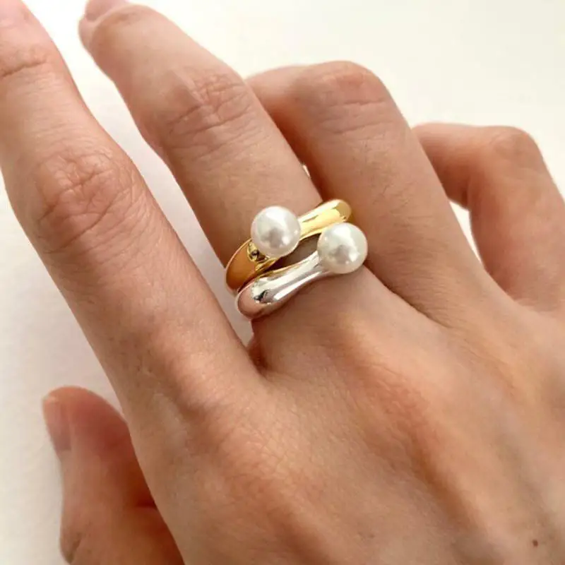 Fashion French Single Pearl Ring Chunky Stacking Finger Rings Simple Minimalist Couple Anniversary Jewelry