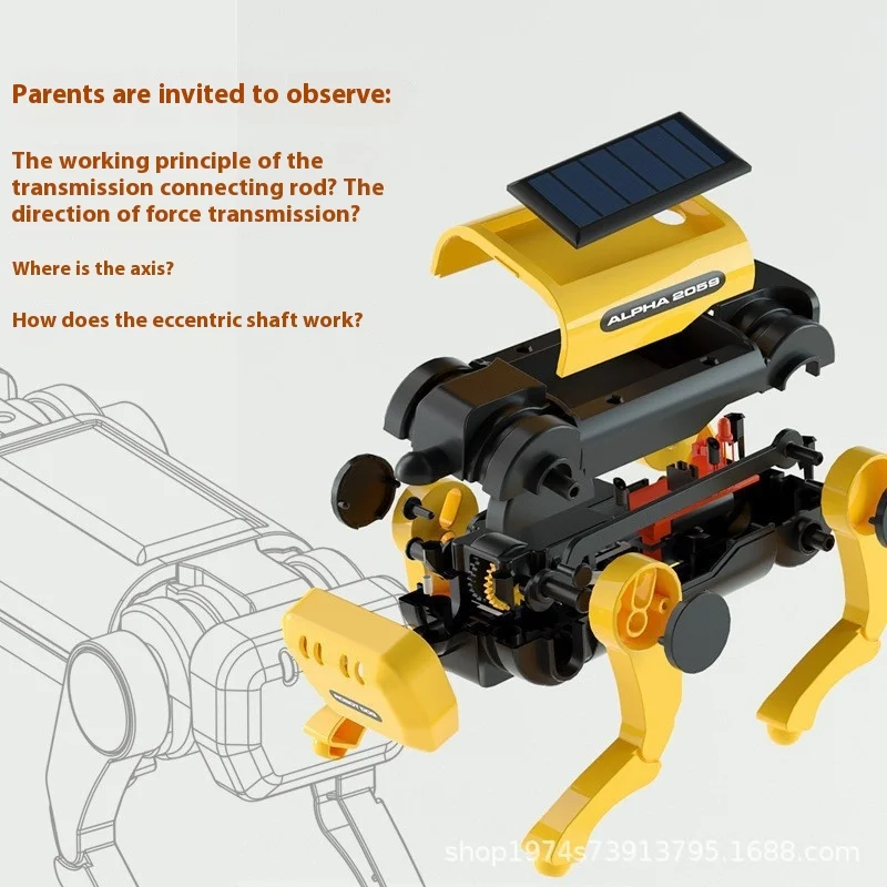 Cão mecânico elétrico movido a energia solar, tecnologia de montagem educacional infantil, quebra-cabeça, brinquedos biomiméticos, máquina inteligente